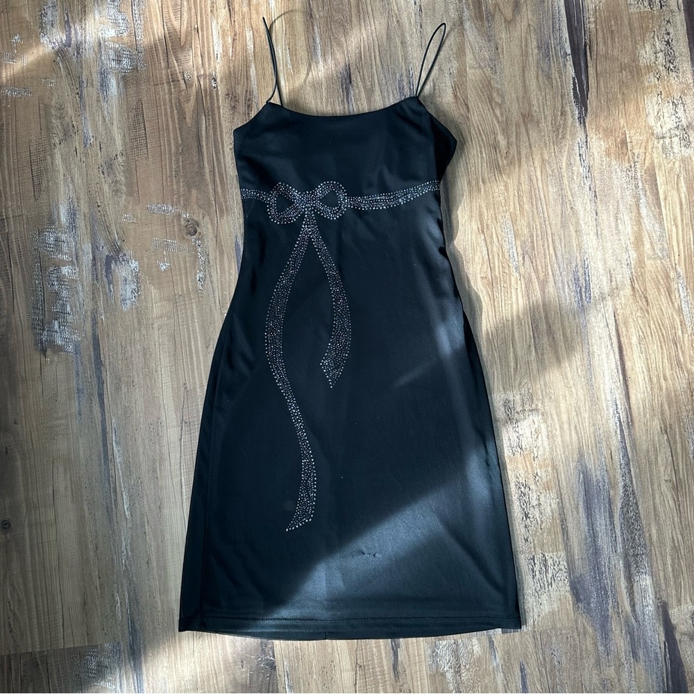 VTG Y2K 2000s Black Mesh Layer Sparkly Bow Tie Mini Dress